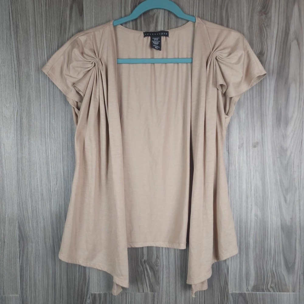 Apostrophe Womens Tan Beige Open Front Cardigan Pleated Shoulder Rosette Small‎